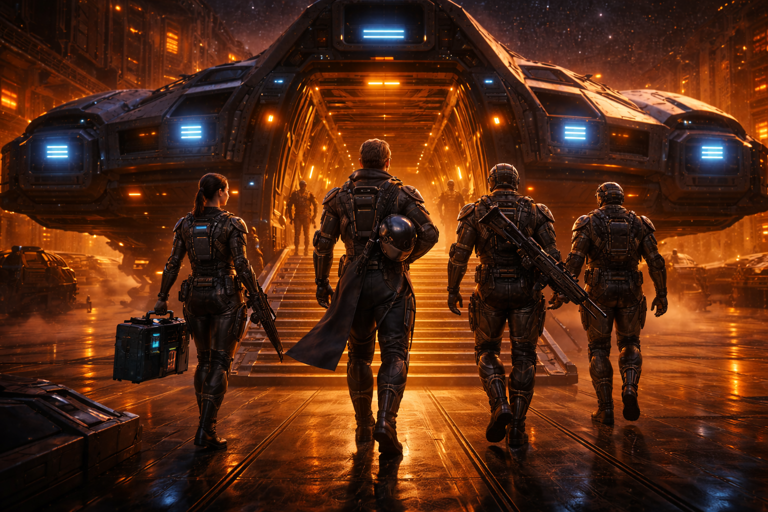 A small Star Citizen crew preparing ships together before launch